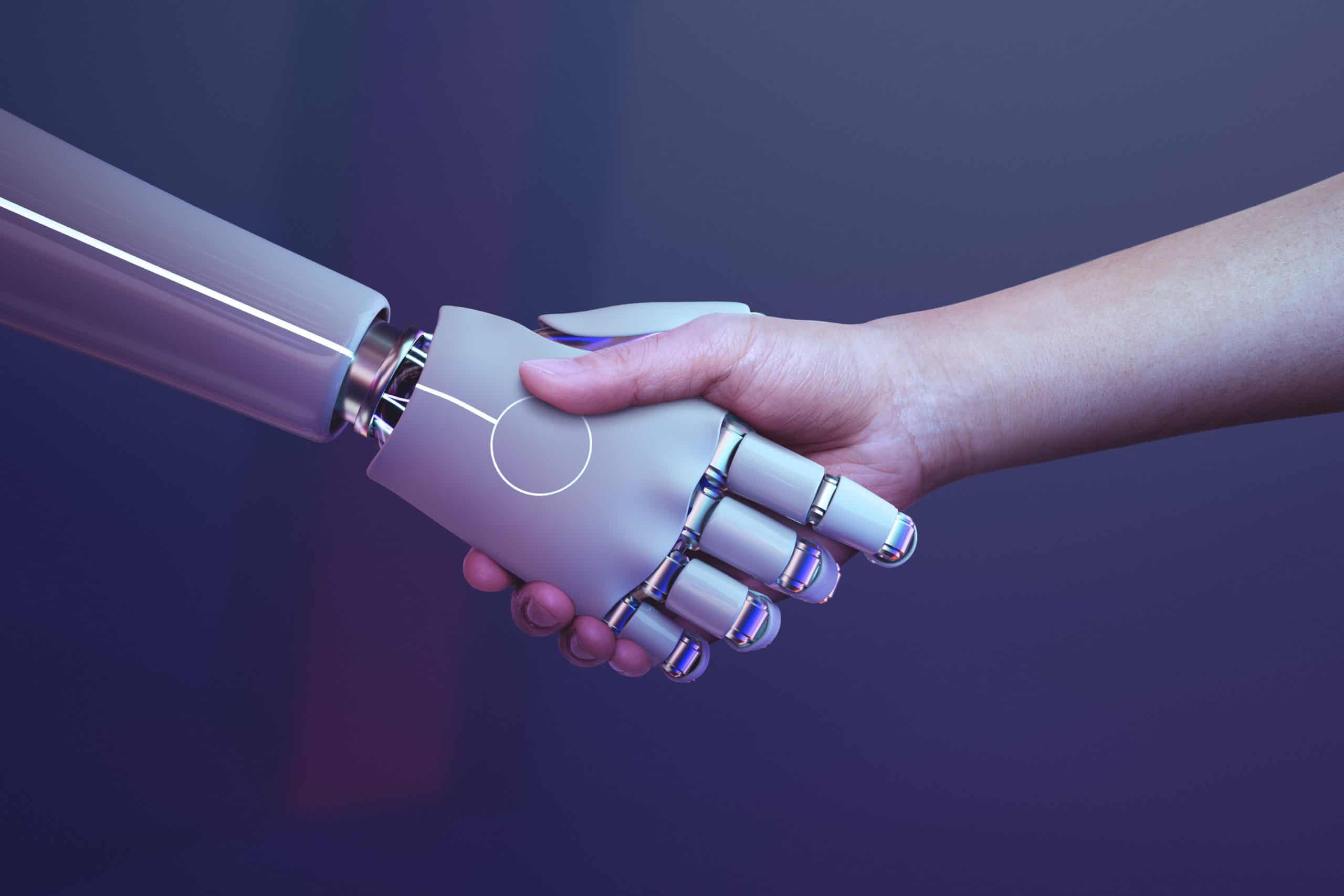 Imagem mostra mão de robô apertando mão humana em referência à inteligência artificial auxiliar o profissional de compliance