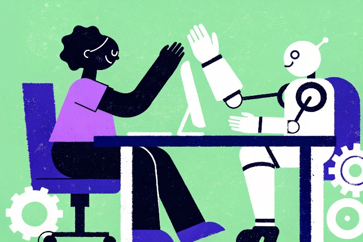 Ilustração sobre trabalho humano e inteligência artificial.