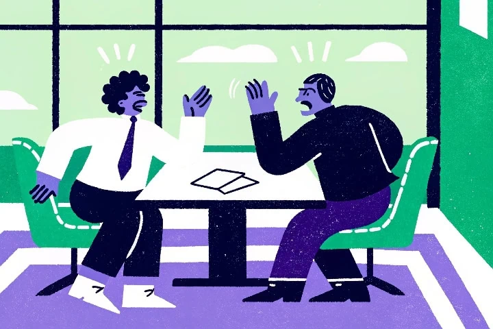 Ilustração para simbolizar conflito de interesses no ambiente corporativo e bullying no trabalho.