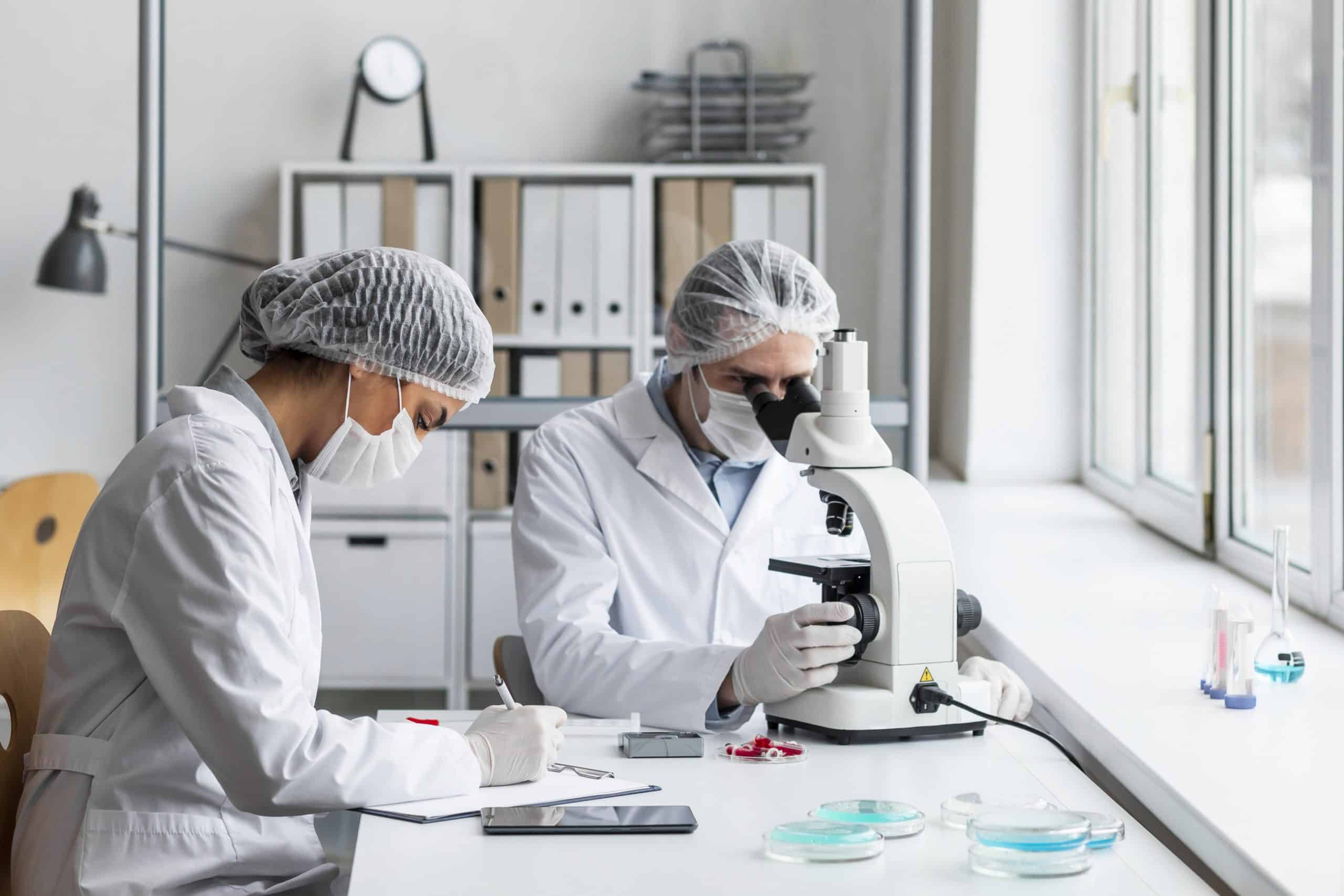 Cientistas trabalham em laboratório farmacêutico