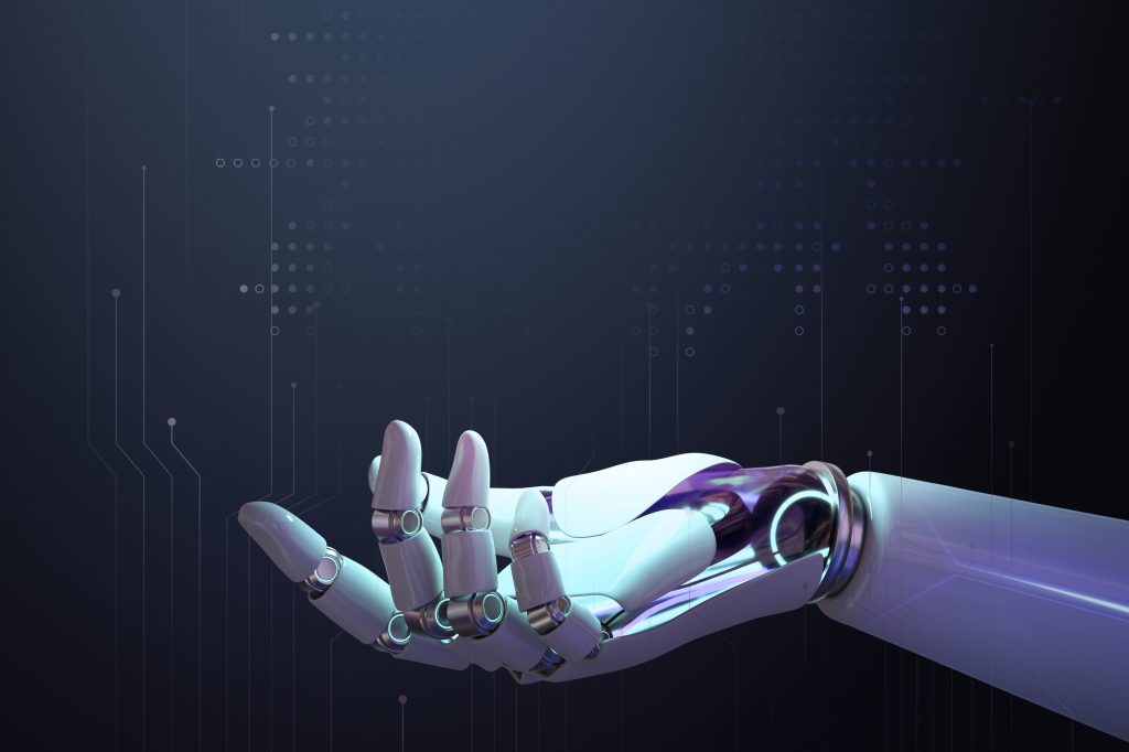 3D robot hand background, AI technology side view