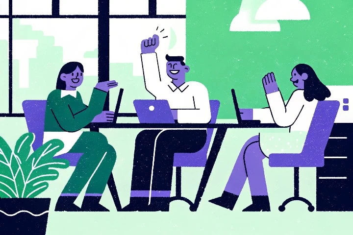 Ilustração mostra trabalhadores felizes para simbolizar a ética profissional.