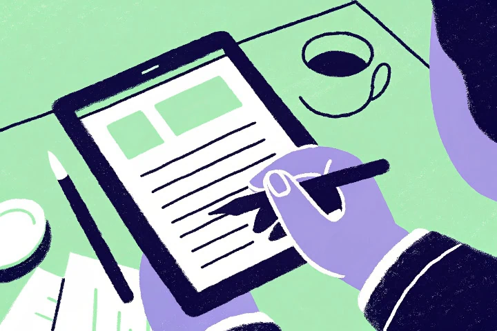 Ilustração para simbolizar uma assinatura eletrônica e gestão de contratos individuais de trabalho.
