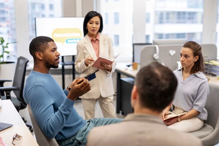 Colaboradores conversando durante uma reunião de trabalho.