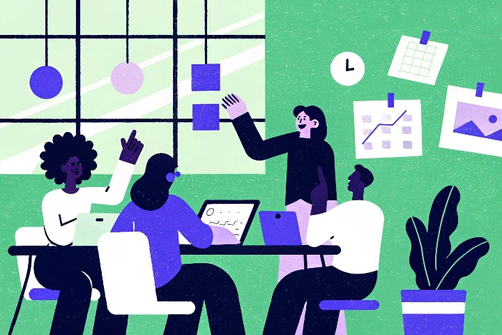 Ilustração de colaboradores em uma empresa para simbolizar o comportamento organizacional.