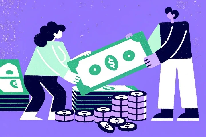 Ilustração com cédulas de dinheiro e diversas moedas para simbolizar a sustentabilidade econômica.