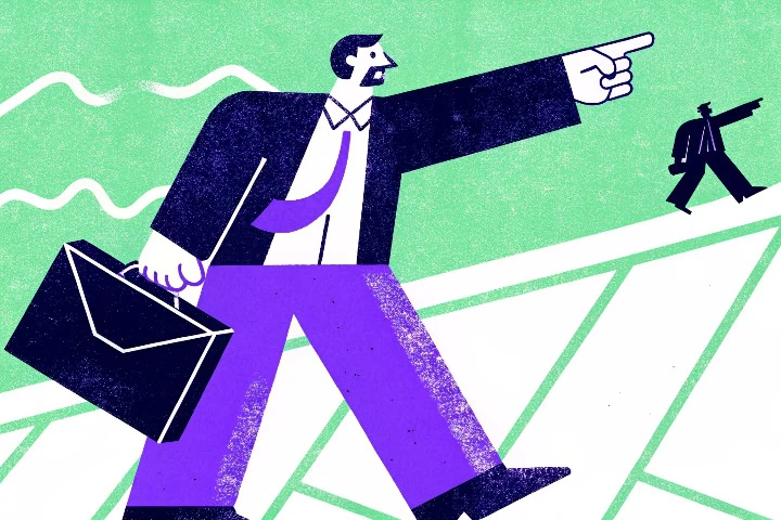 A imagem retrata um homem de negócios, trajado formalmente, segurando uma maleta e apontando para frente com determinação. Sua sombra, projetada ao fundo, ganha destaque e simboliza o conceito de shadow banking.