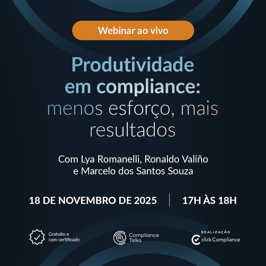 Uma imagem de banner de webinar com um fundo azul escuro e formas abstratas em tons de azul e laranja. No topo, uma pílula laranja com o texto "Webinar ao vivo". Centralizado e em destaque, o título principal "Produtividade em compliance: menos esforço, mais resultados" em letras brancas e azuis claras. Abaixo, em texto menor, "Com Lya Romanelli, Ronaldo Valiño e Marcelo dos Santos Souza". Mais abaixo, a data "18 DE NOVEMBRO DE 2025" e o horário "17H ÀS 18H", separados por uma linha vertical. Na parte inferior esquerda, um ícone de certificado e o texto "Gratuito e com certificado". Ao lado, o logo do "Compliance Talks". No canto inferior direito, o texto "REALIZAÇÃO" e o logo "clickCompliance".